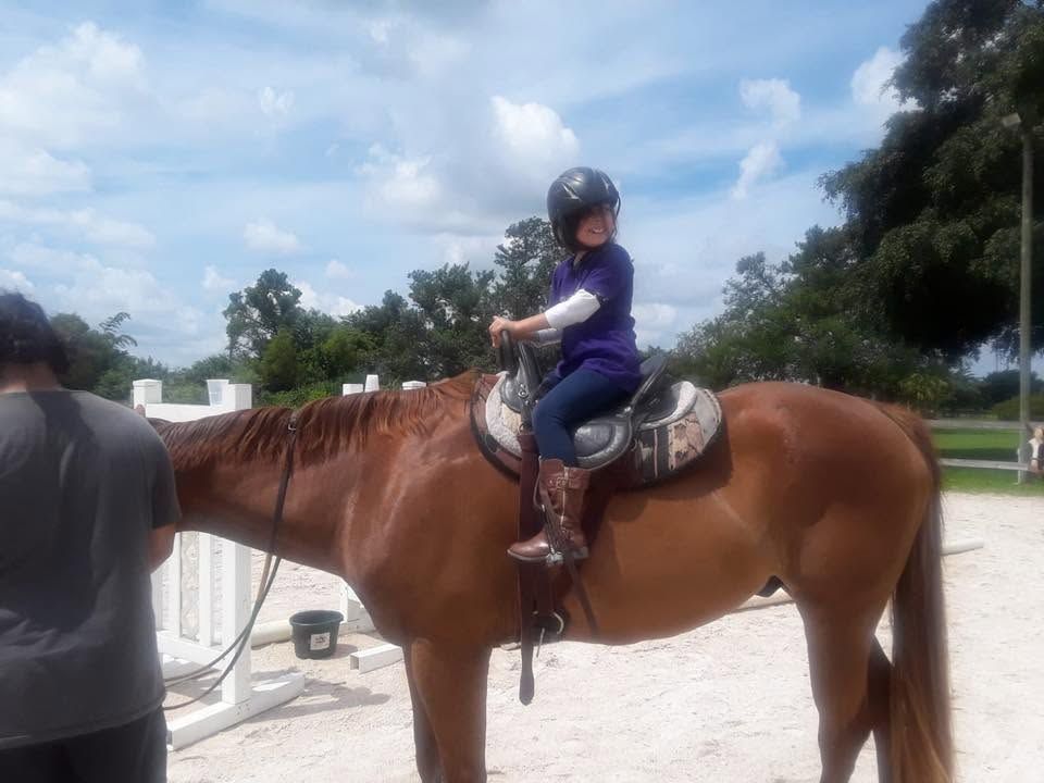 Person riding a brown horse in an outdoor arena, wearing a helmet under a partly cloudy sky