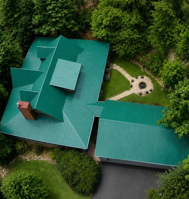 Aerial view of a house with a green metal roof surrounded by trees and a landscaped yard