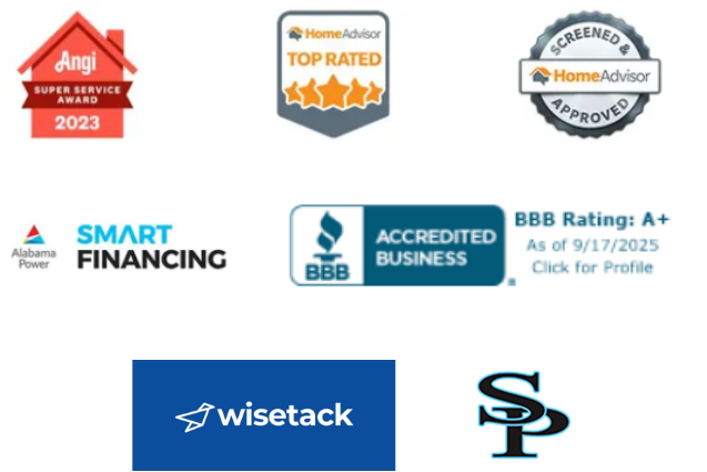Logos including Angi Super Service Award, HomeAdvisor Top Rated, BBB A+ rating, Smart Financing, Wisetack, and Spain Park High School.