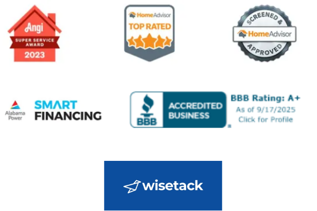 Logos for Angi Super Service Award, HomeAdvisor Top Rated and Approved, BBB A+ rating, Smart Financing, and Wisetack.