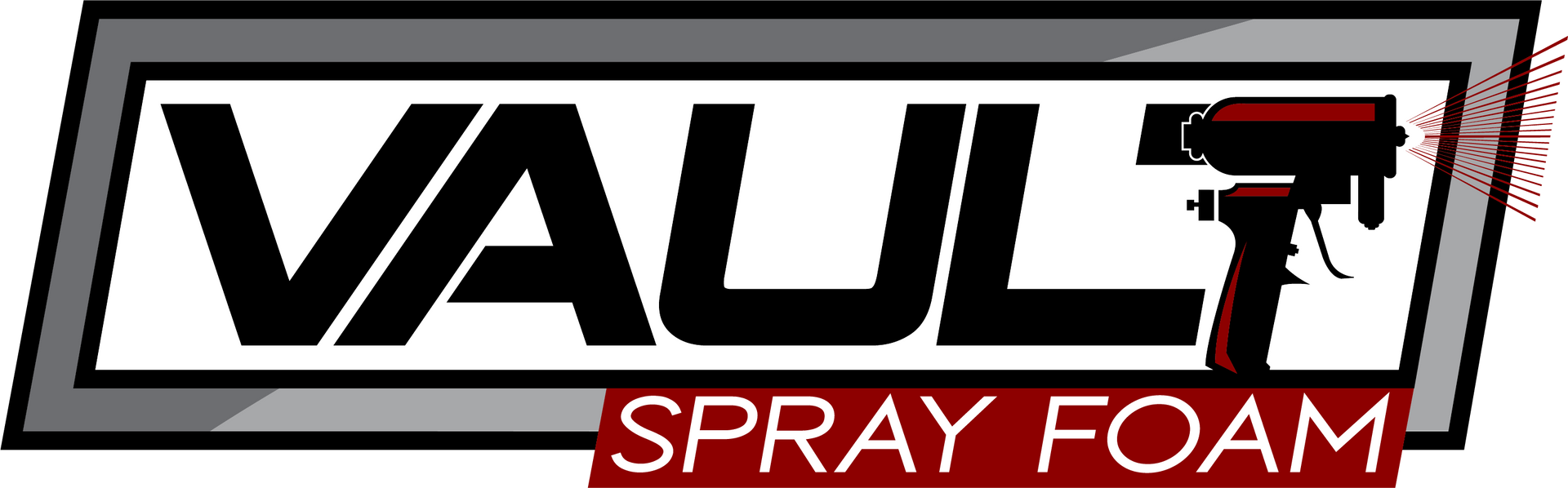 Logo for Vault Spray Foam, black text on white within gray frame, spray gun graphic, red "Spray Foam" text.