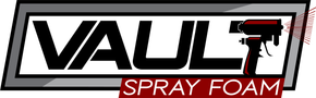 Logo for Vault Spray Foam, black text on white within gray frame, spray gun graphic, red "Spray Foam" text.