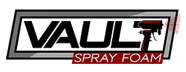 Logo for Vault Spray Foam, black text on white within gray frame, spray gun graphic, red "Spray Foam" text.