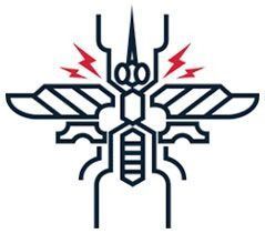 Black and white stylized mosquito with red lightning bolts; pest control symbol.