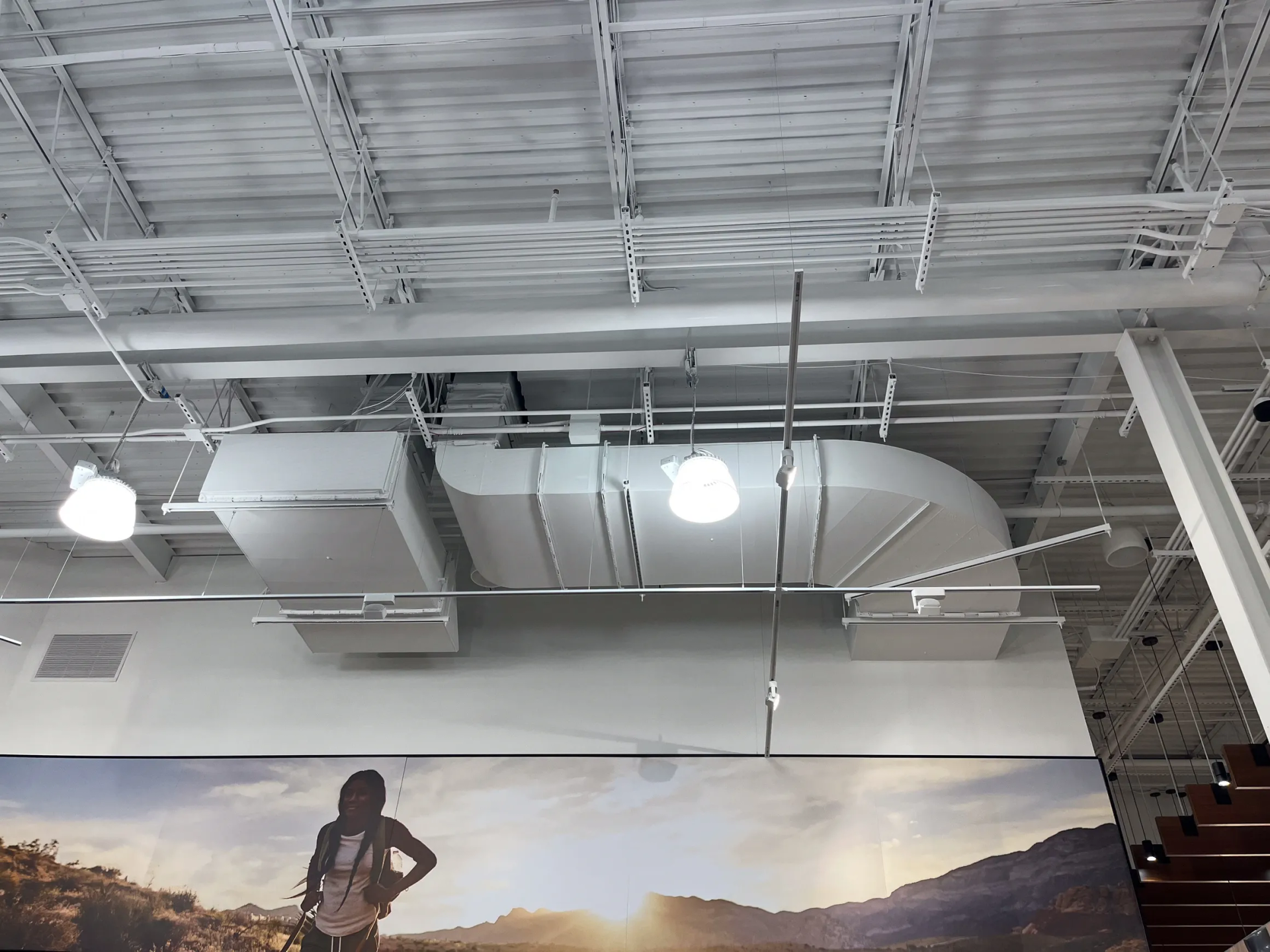 White ceiling with exposed ductwork, pipes, and lights. Below, a wall with a landscape mural.