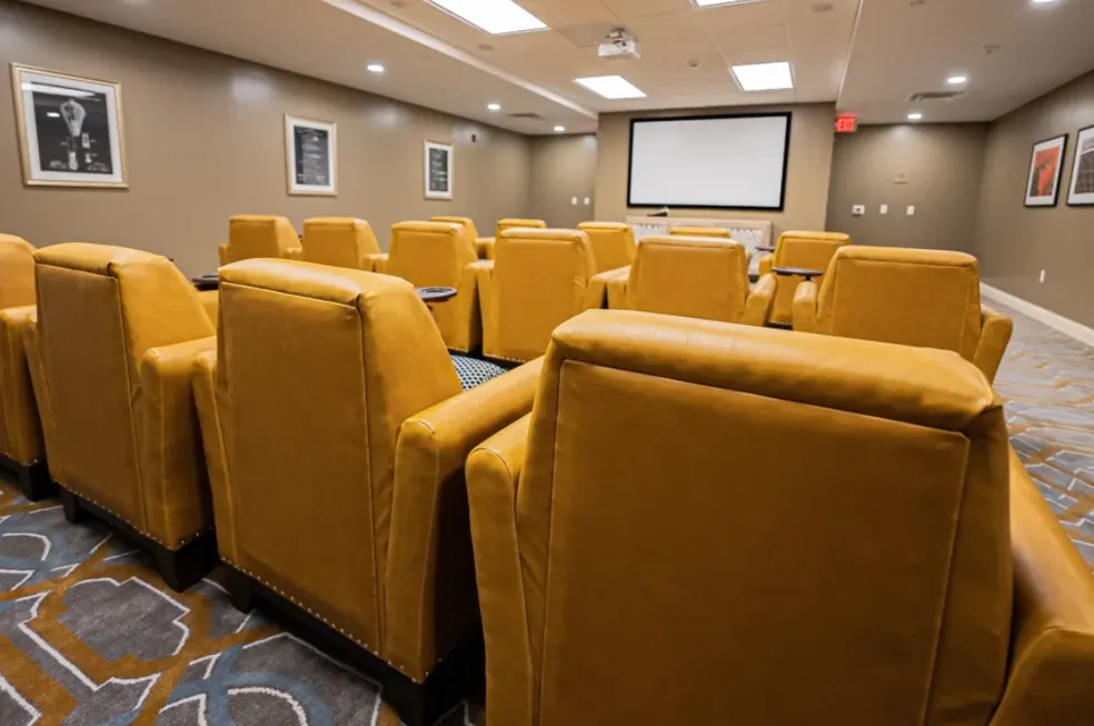 Yellow theater seating faces a white screen. Brown walls, art, and patterned carpet.