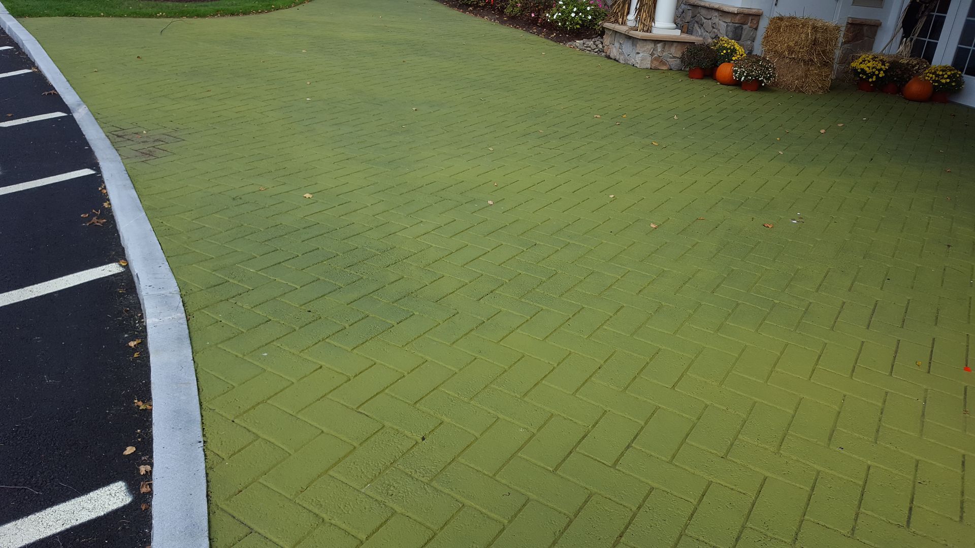 A driveway with green bricks and a black curb.