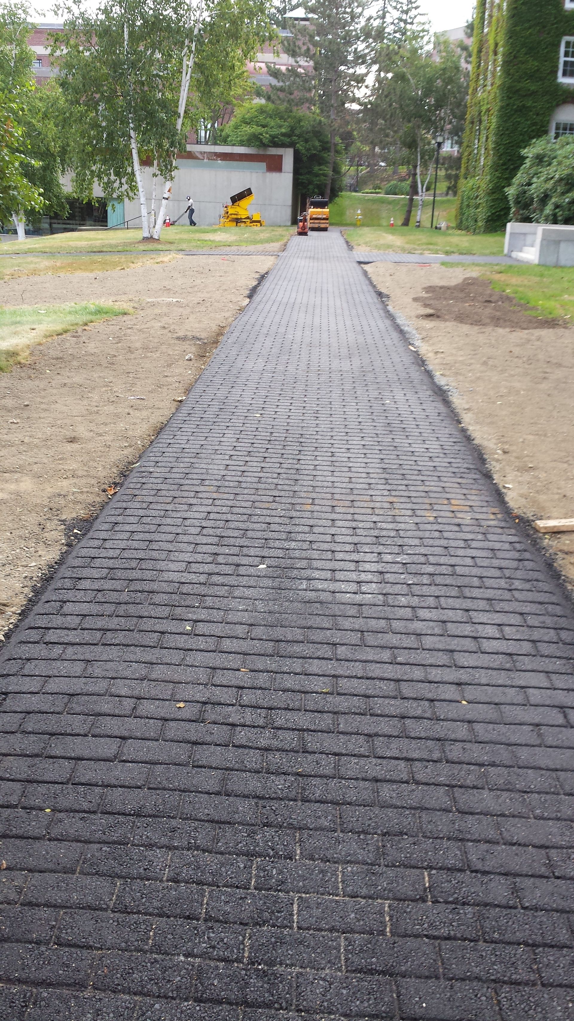 A brick walkway is being built in a park.
