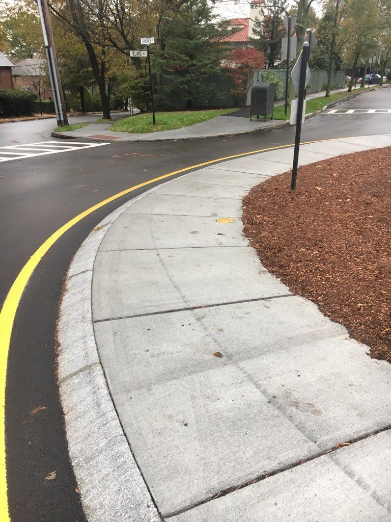 A curb with a yellow line on it and a sidewalk in the foreground.