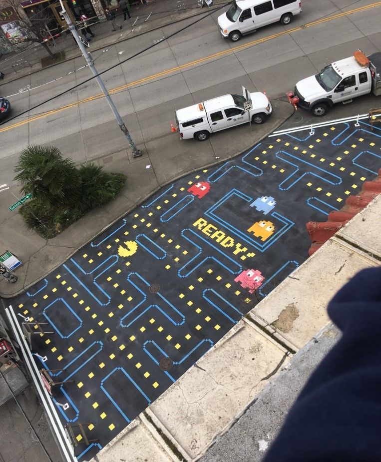 An aerial view of a pac man parking lot