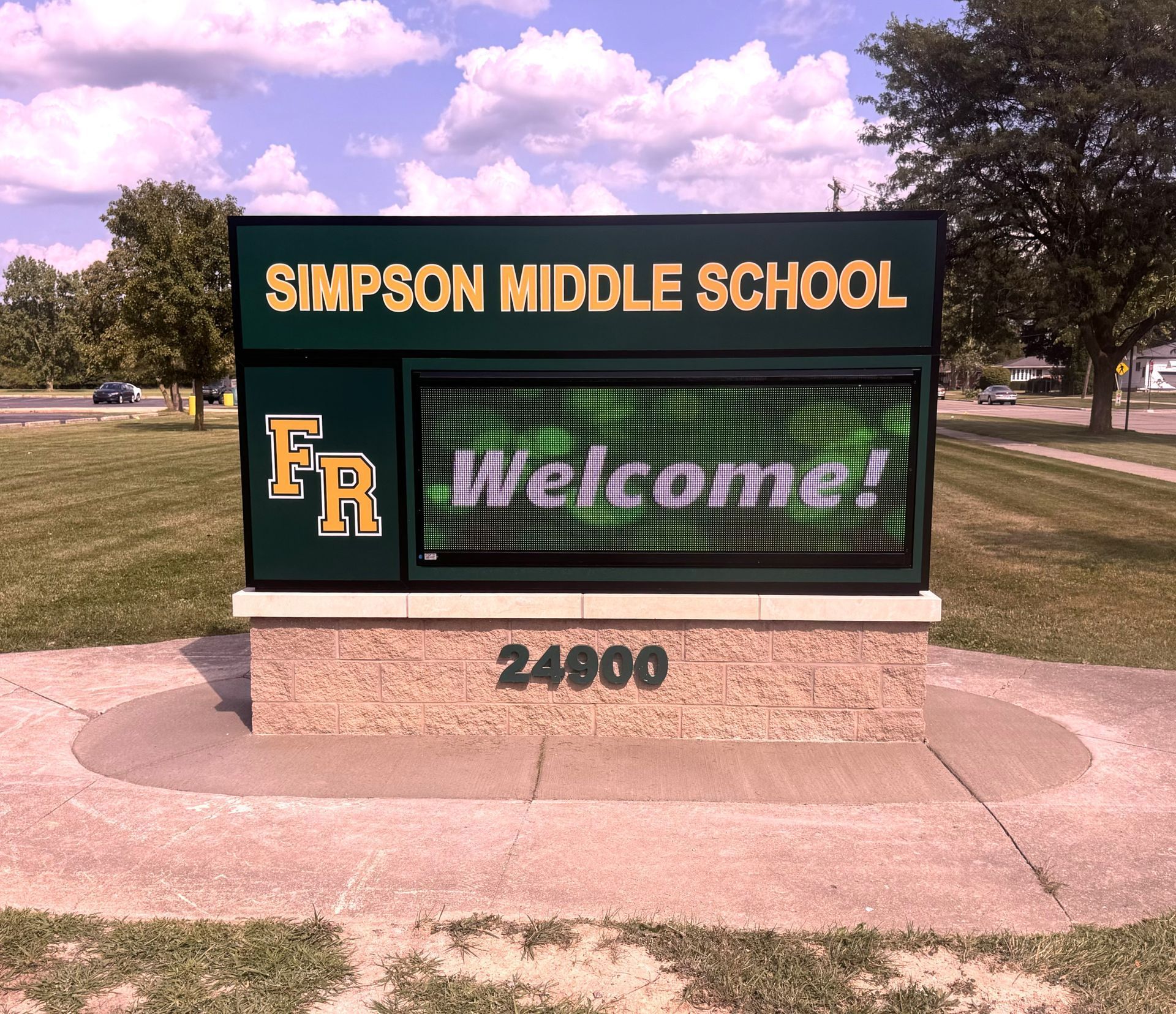 Simpson Middle School sign with a digital display that reads