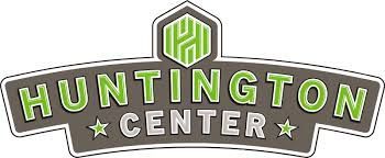 The logo for the huntington center is a gray and green sign.