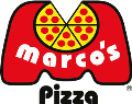 The logo for marco 's pizza is a red elephant with a slice of pizza on it.
