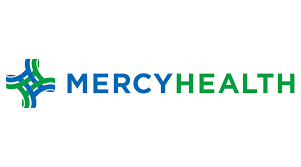 The mercy health logo is green and blue and has a cross on it.