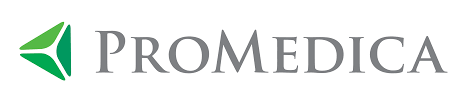 The logo for promedica is green and white with a green arrow.