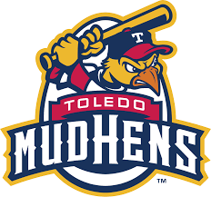 The logo for the toledo mud hens baseball team shows a chicken holding a bat.