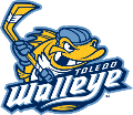 The toledo walleye logo is a cartoon of a duck holding a hockey stick.