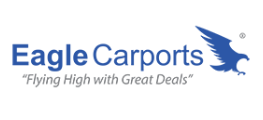 Eagle Carports logo with blue eagle icon and tagline “Flying High with Great Deals”