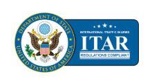 Seal of the U.S. Department of State next to ITAR Regulations Compliant badge, blue and white text.