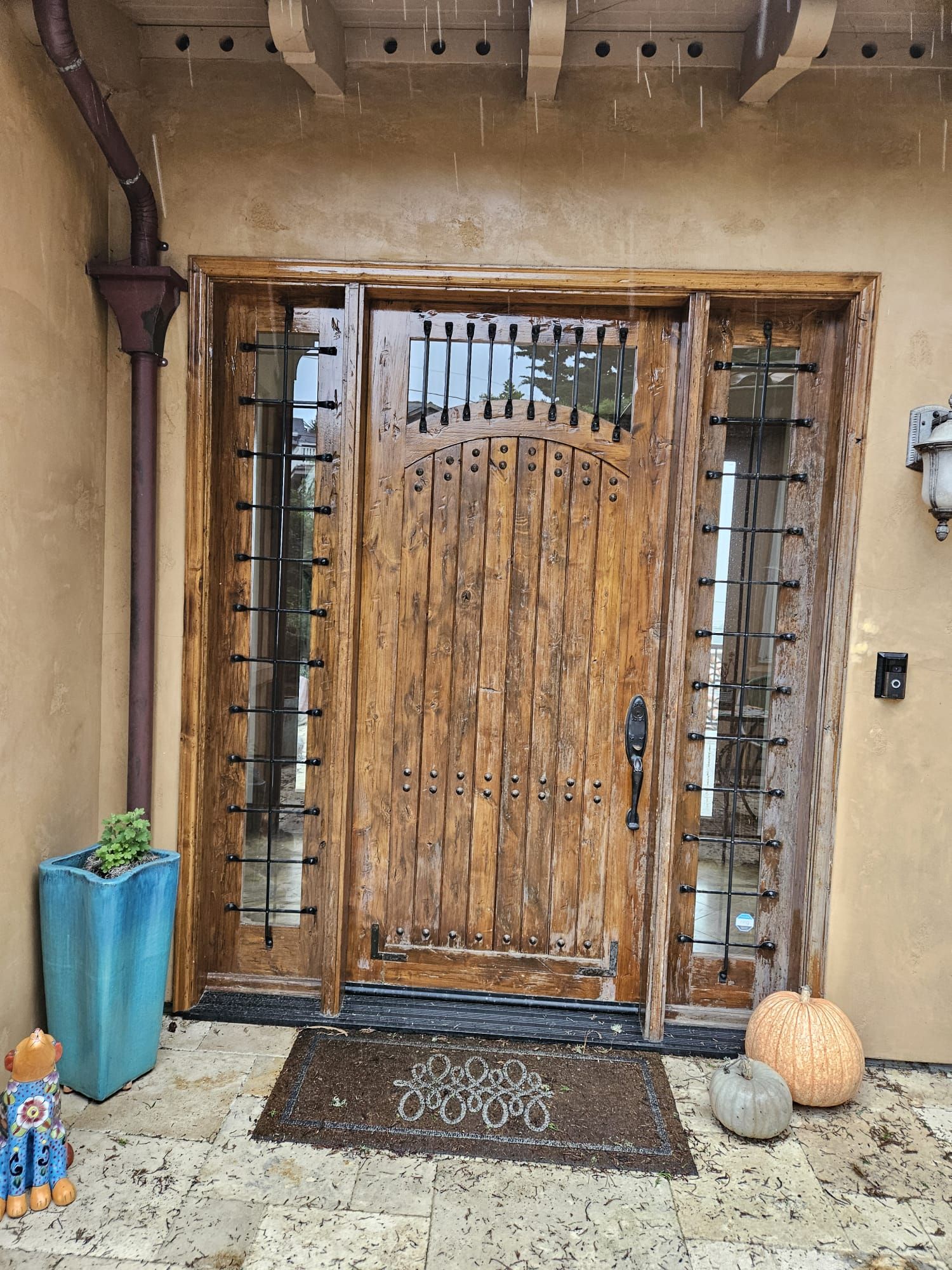 Rustic wooden front door with black iron accents, doormat, potted plant, and pumpkin by a beige wall
