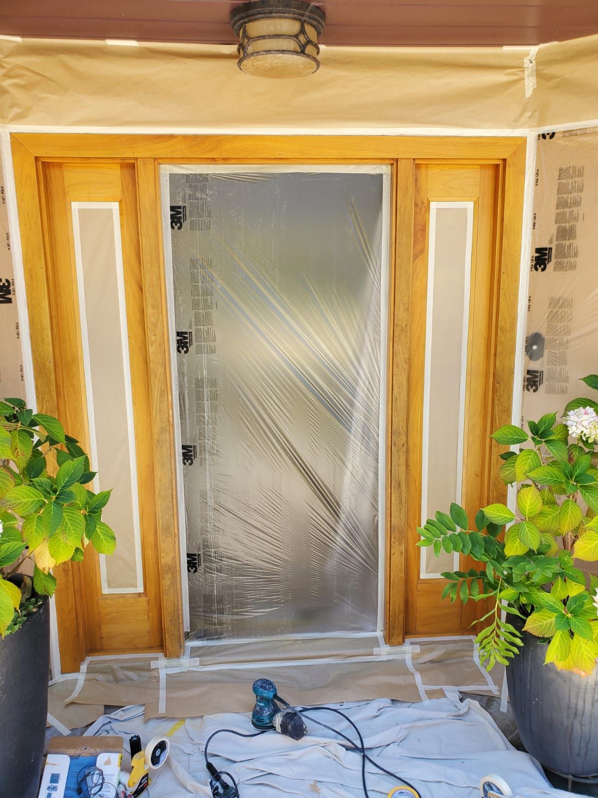Front doorway under renovation, with plastic-covered door, wood trim, and potted plants on either side.
