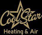 A logo for cool star heating and air with a star on a black background.