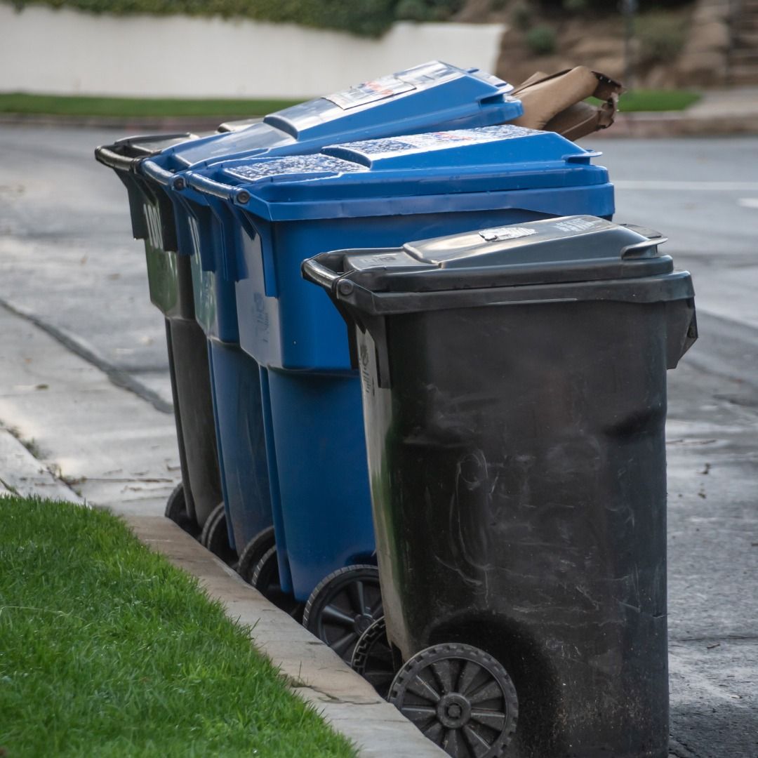 A row of trash cans are lined up on the side of the road.