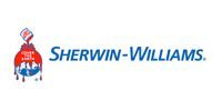 Sherwin-Williams logo with red paint can mascot and blue brand name text on a white background