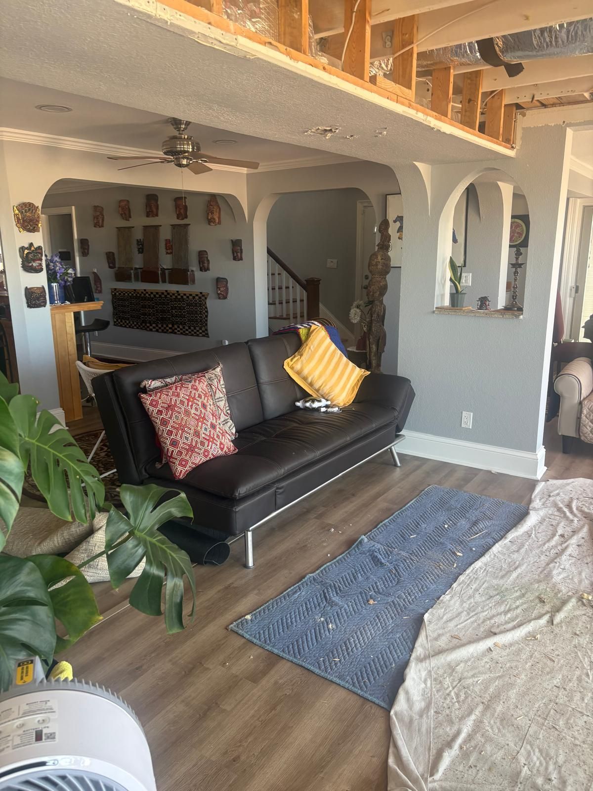 BEFORE: Cozy living room with black sofa, colorful pillows, blue rug, plants, and arched interior openings