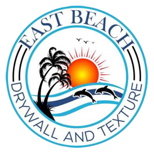 East Beach Drywall and Texture logo with sunset, palm trees, and wave graphics