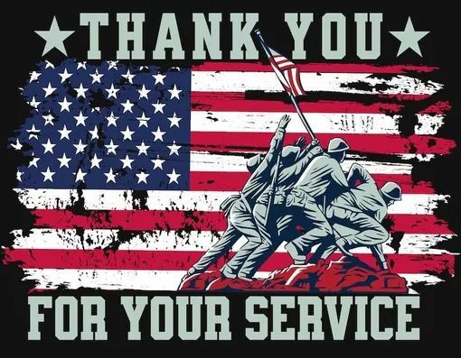 “Thank you for your service” graphic with U.S. flag and soldiers raising a flag