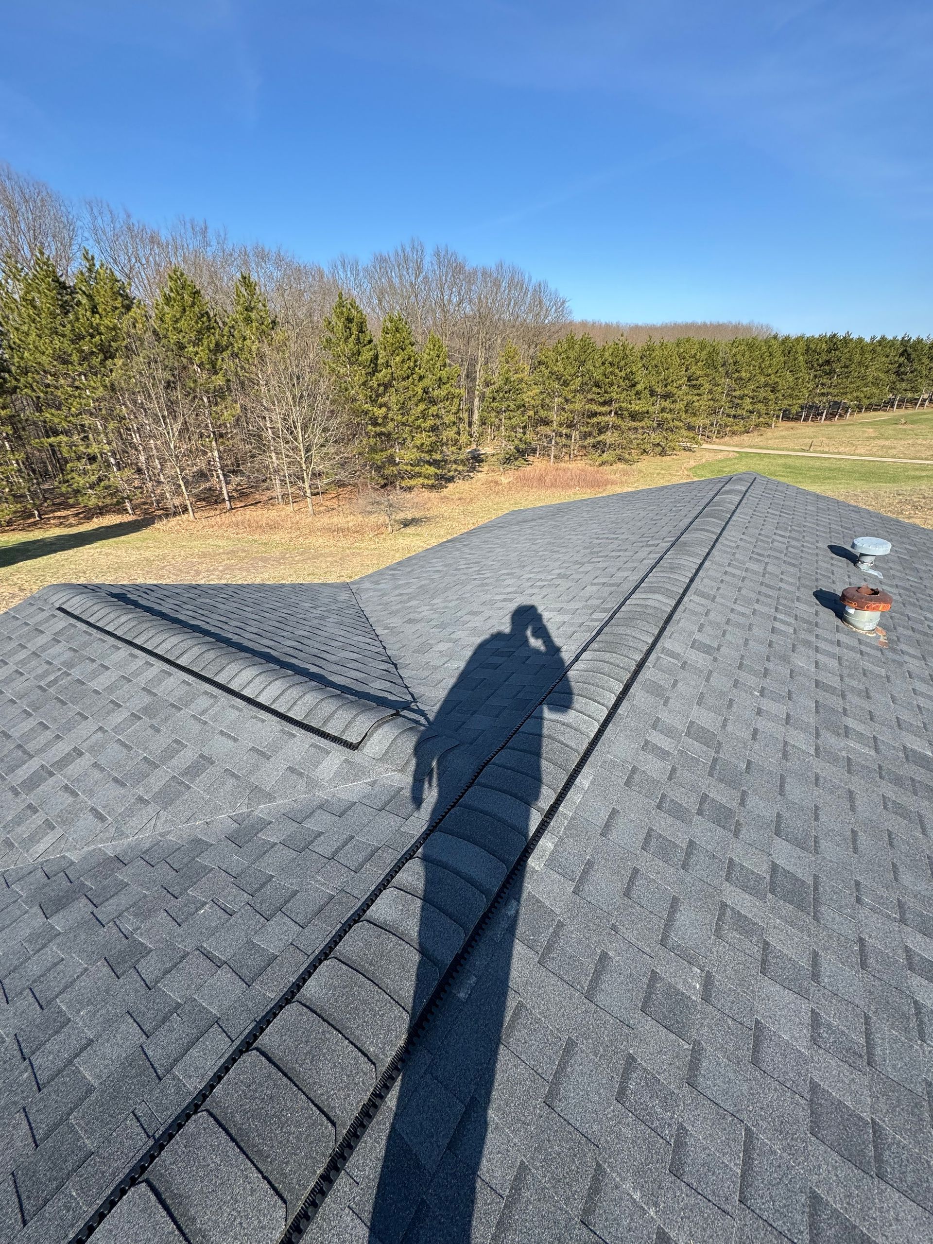 Shadow of a person on a gray shingled roof under a clear blue sky, with trees in the background