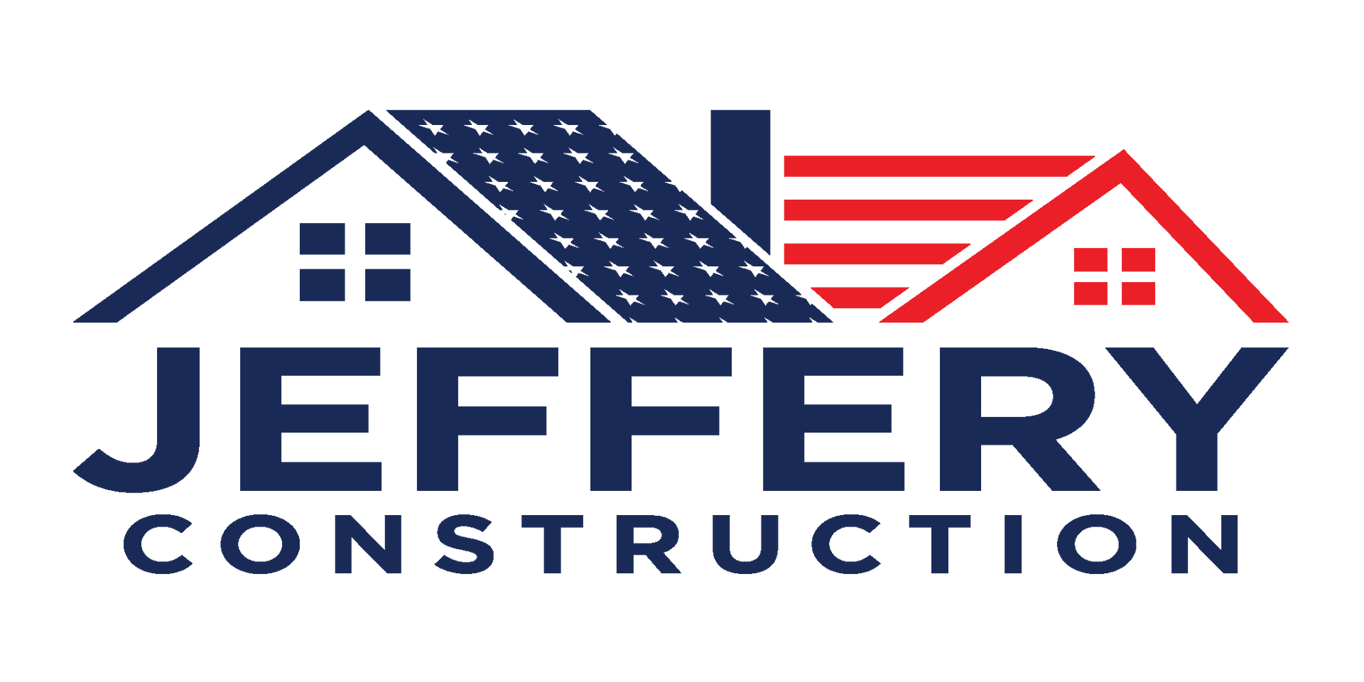 Jeffery Construction logo with blue and red house roof design and bold navy text