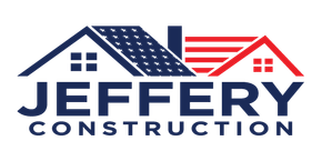 Jeffery Construction logo with blue and red house roof design and bold navy text