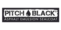 Pitch Black asphalt emulsion sealcoat logo. White text on black background. Features a water droplet.