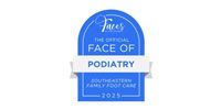 Blue award badge reading “Face of Podiatry” and “Foot and Ankle Care 2025.”
