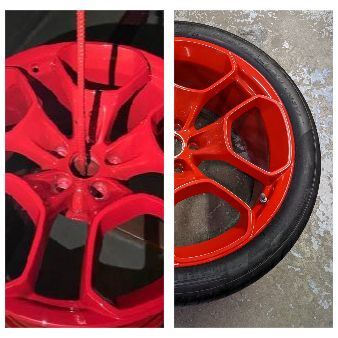 A close up of a red wheel next to a black tire.