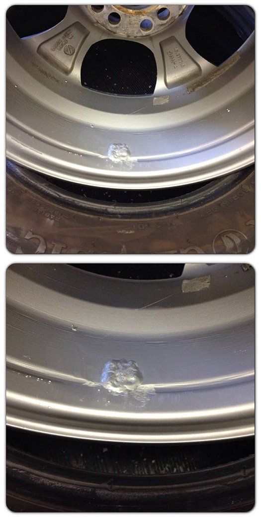 A close up of a wheel before and after being repaired.