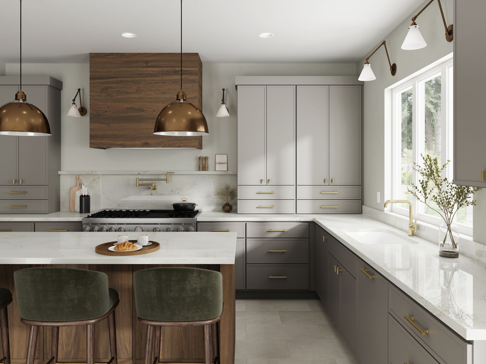Modern kitchen with gray cabinets, wood island, and copper pendant lights.