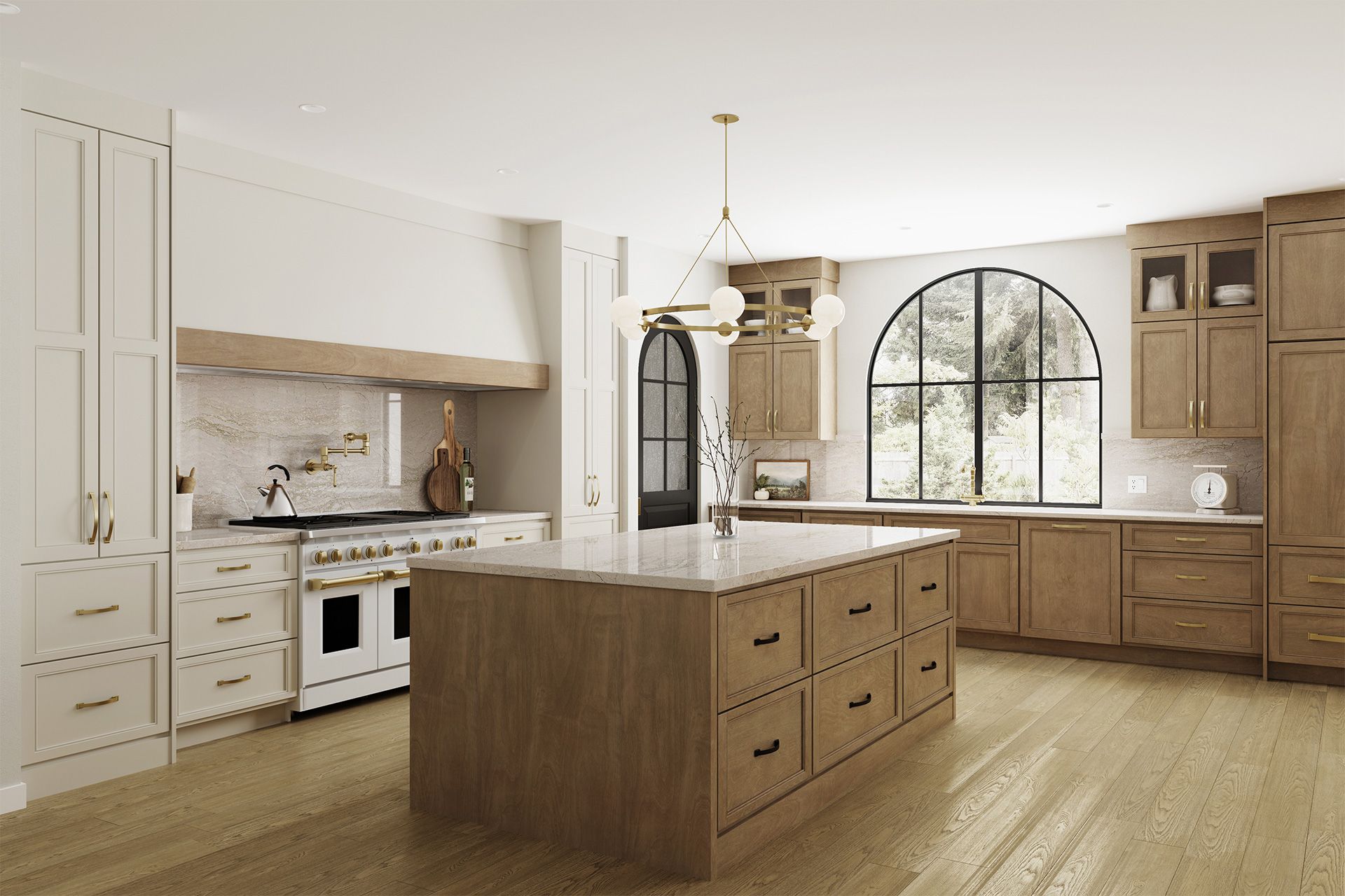 A kitchen with white walls and ceilings, wooden cabinets, and a large island in the middle