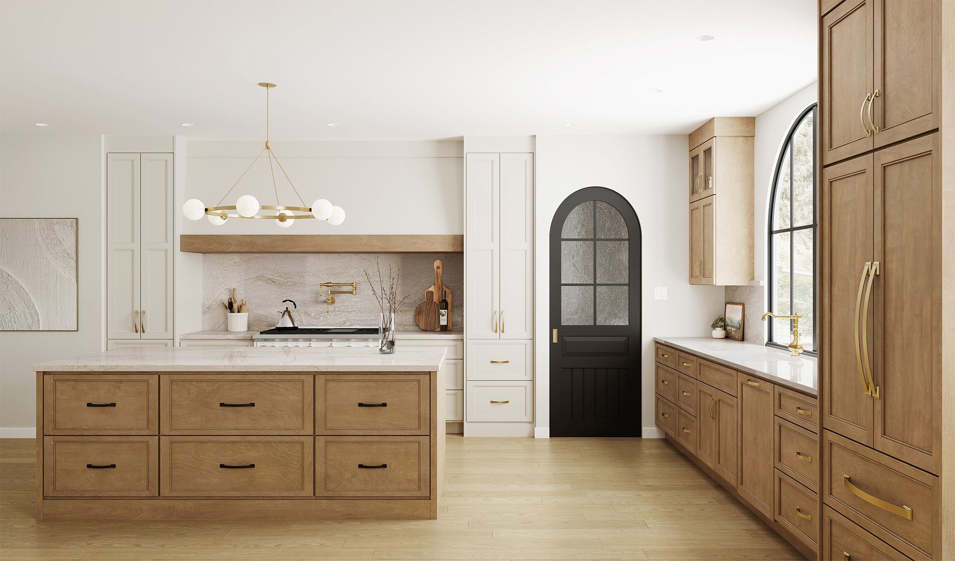 A white-walled kitchen with wooden cabinets, white countertops, and a black door