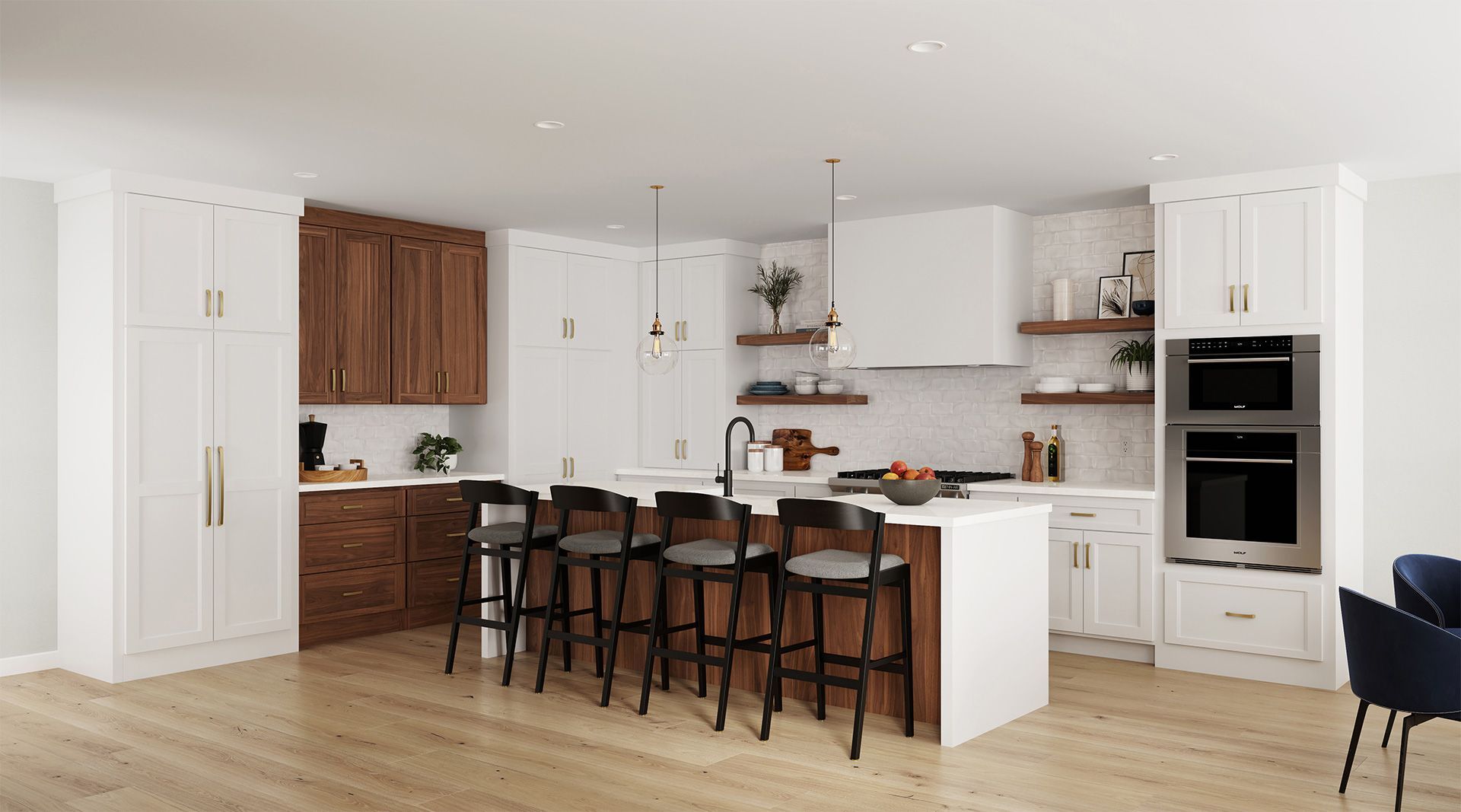 A white-walled kitchen with white and wooden cabinets and a large island with 4 black chairs