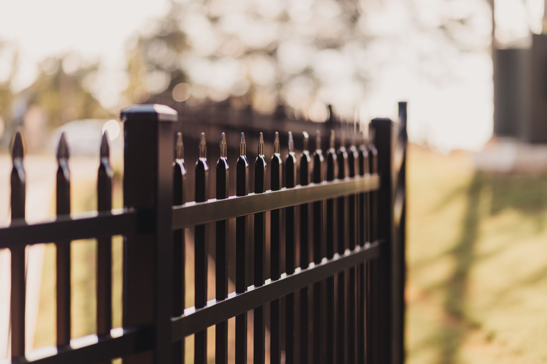 A close up of a black metal fence with a blurred background.