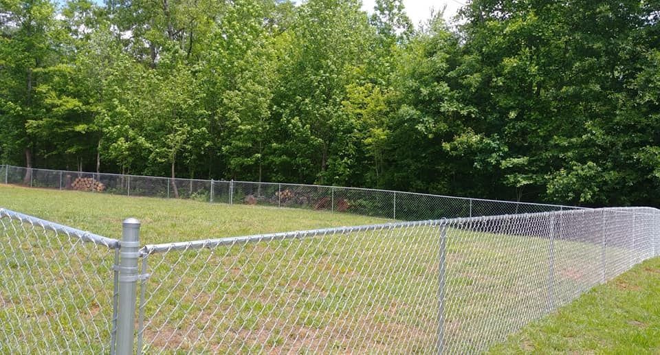 A chain link fence surrounds a grassy field with trees in the background.
