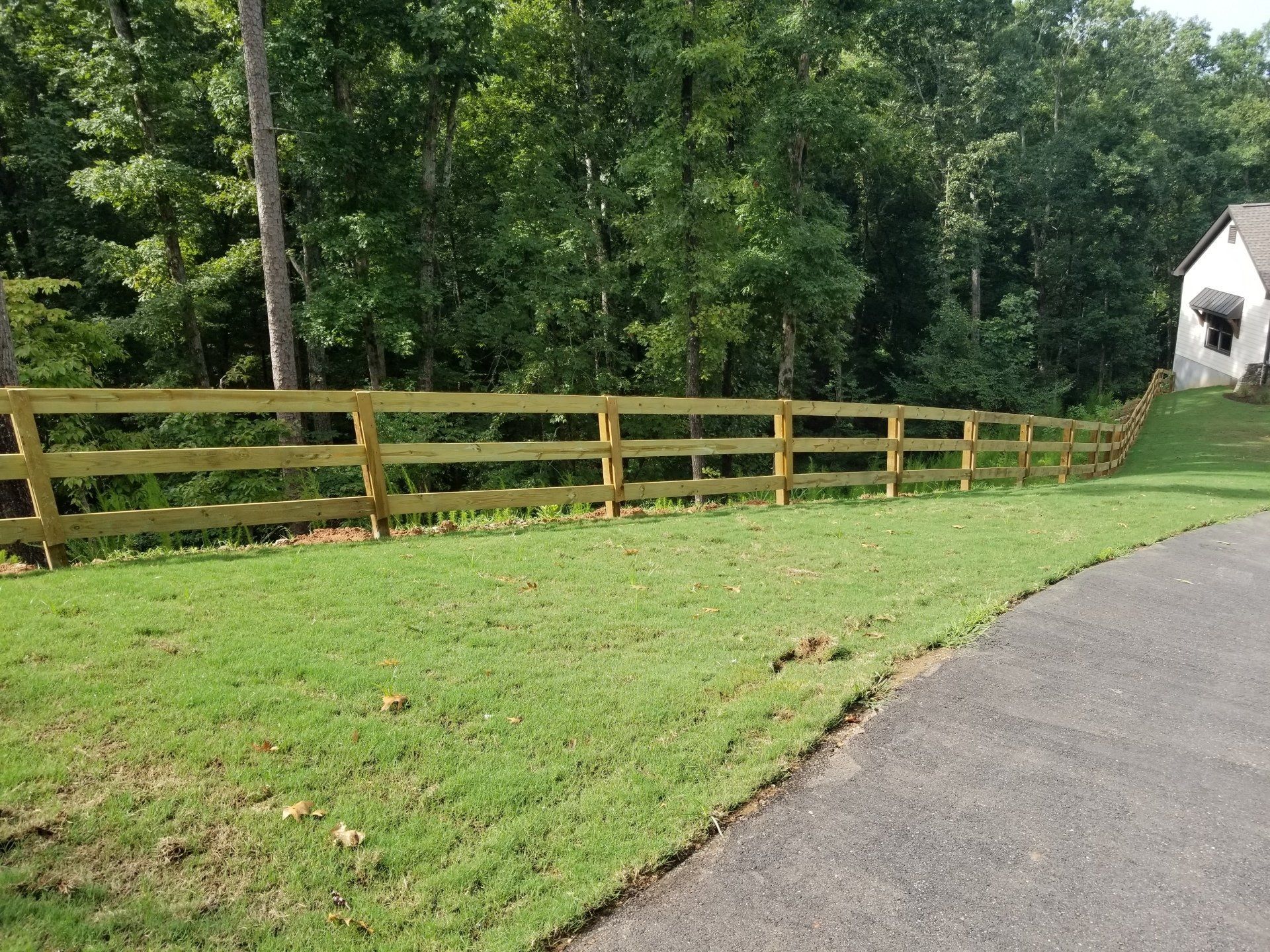 A wooden fence surrounds a lush green field.