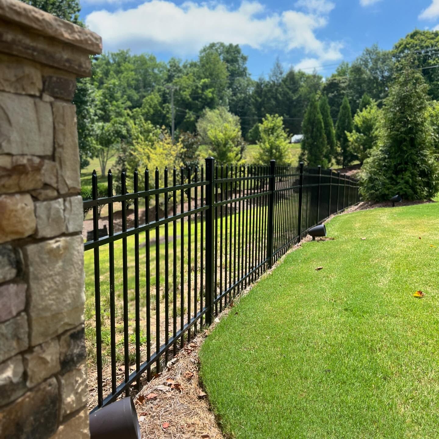 A black metal fence surrounds a lush green field.