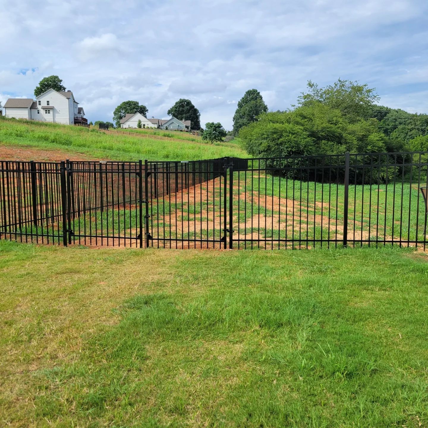 A black fence surrounds a grassy field with houses in the background.