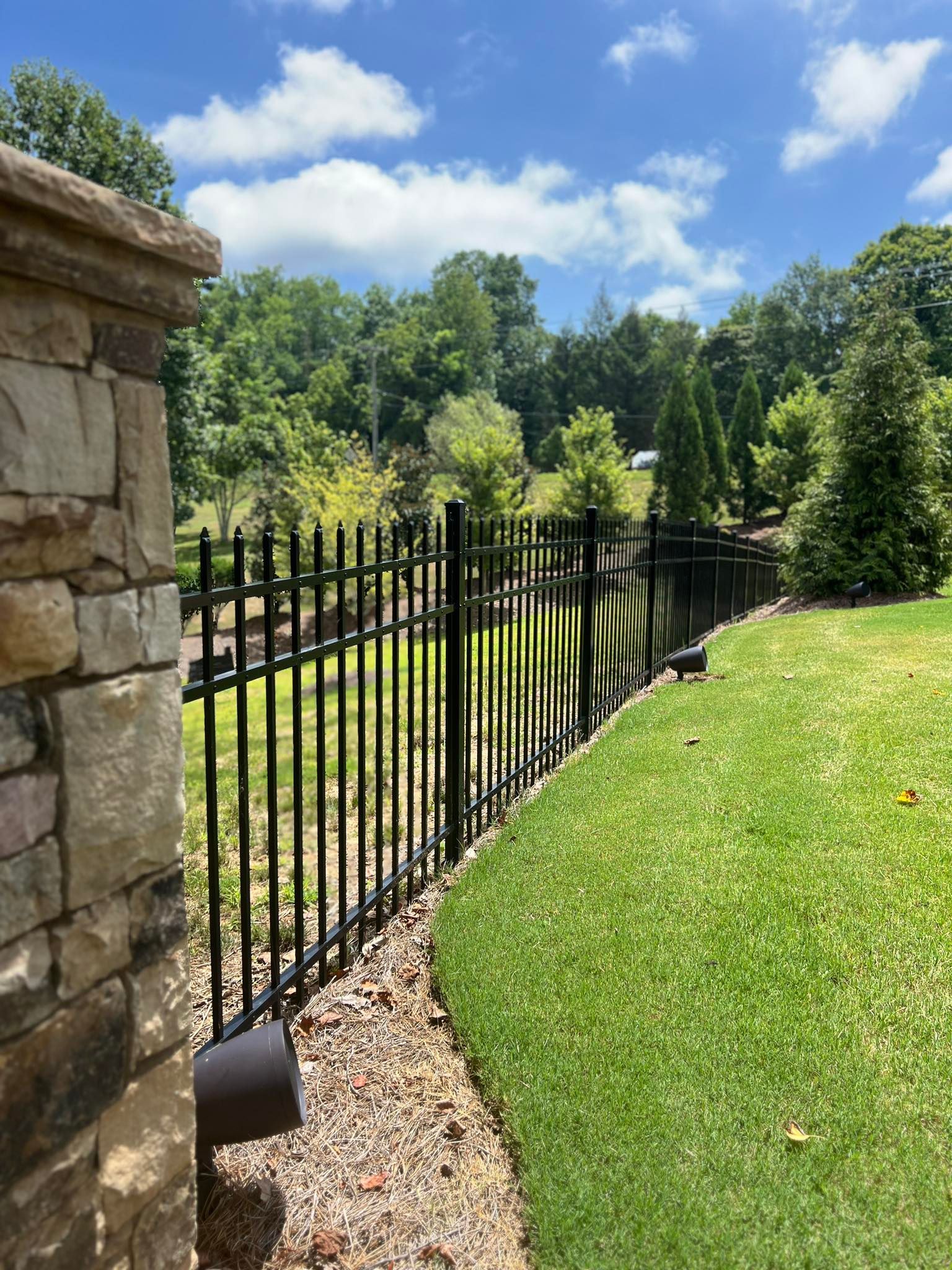 A black wrought iron fence surrounds a lush green field.