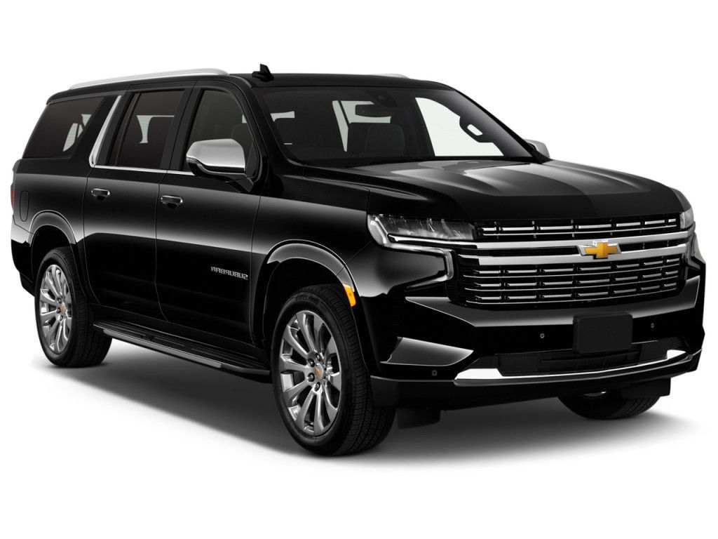 A black chevrolet suburban suv is shown on a white background.