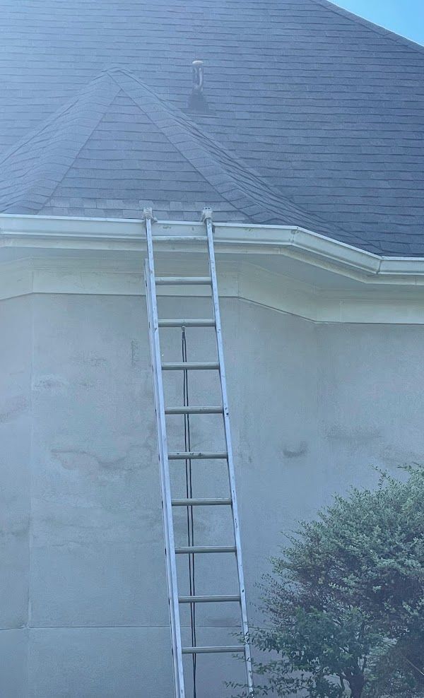 A ladder is leaning against the side of a house